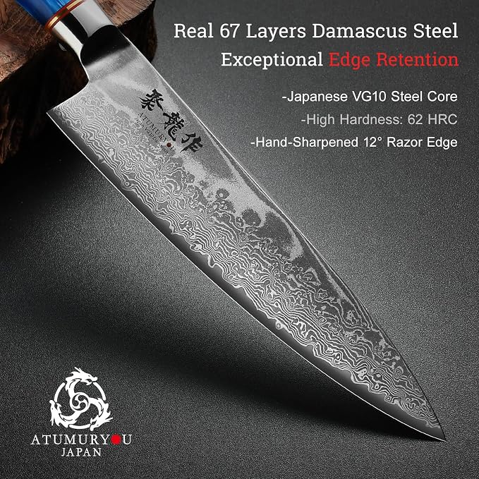 Japanese Chef Knife Set 3 Pcs, 67-Layer Damascus Kitchen Knife Set with VG10 Steel Core, Professional Sharp Damascus Knives with Ocean-Blue Ergonomic Handle, Include Elegant Cooking Gifts Box