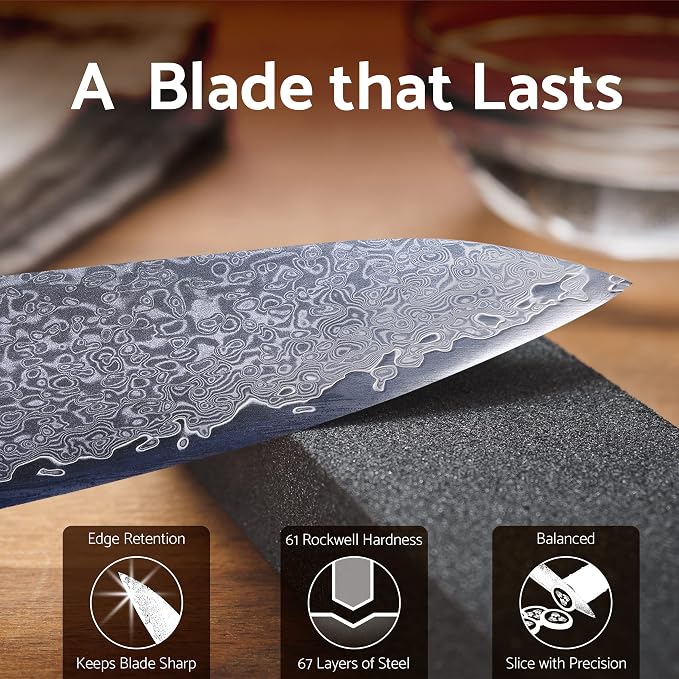 8” Chef Knife – VG10 Damascus Steel Kitchen Knife, Razor Sharp Professional Cooking Knife with Ergonomic G10 Handle, Luxury Gift Box & Sheath, Gift for Home Chefs