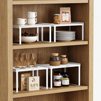 Goozii Counter Shelf Organizer Set of 4, Pantry Shelf Risers for Plates Dishes Cups Mugs Spices, Pantry Cupboard Cabinet Organizers and Storage Shelves Rack Insert for Countertop (White)