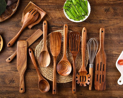 Kitchen Utensils Set, NAYAHOSE 12 Pcs Teak Wooden Cooking Spoons Spatula Spurtles Kit with Spoon Rest Whisk, Non-stick Natural Kitchen Tools