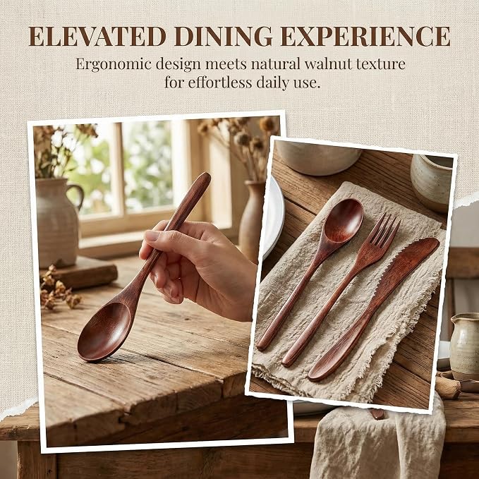Wooden Utensils For Eating, Wood Spoon Fork Knife Cutlery Set, Dinnerware Sets For Dining And Travel Use