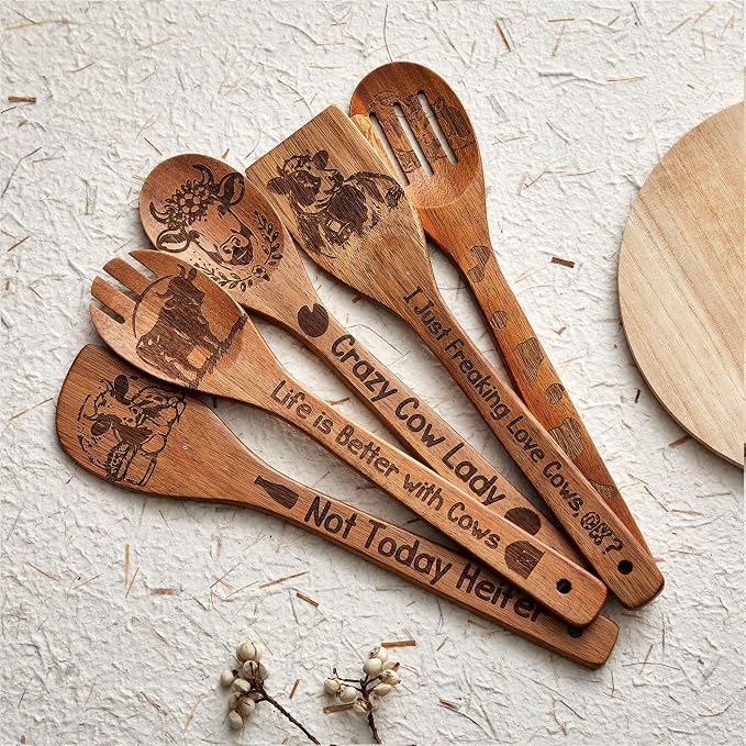 Remerry 6 Pcs Cow Gifts for Women Cow Kitchen Gift Set with Acacia Cooking Spoons Apron Kitchen Cooking Utensils Set for Mother's Day Housewarming Gift