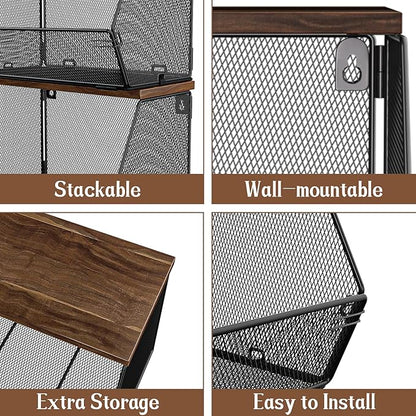 Litwaro Fruit Basket Wire Baskets with Wood Lid, Wall Mounted Produce Basket for Snack, Fruit and Vegetable Storage, Countertop Onion and Potato Storage, 3 Pack Stackable Kitchen Counter Organizer