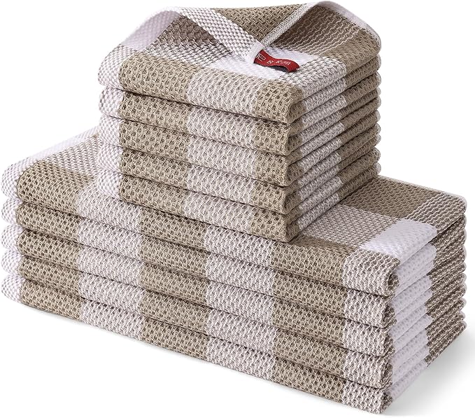 Homaxy Kitchen Towels and Dishcloths Set, 12 x 12 and 13 x 28 Inches, Set of 10 100% Cotton Waffle Weave Check Plaid Kitchen Dish Towels, Super Soft and Absorbent Dish Cloths, White & Khaki