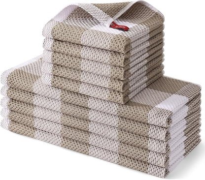 Homaxy Kitchen Towels and Dishcloths Set, 12 x 12 and 13 x 28 Inches, Set of 10 100% Cotton Waffle Weave Check Plaid Kitchen Dish Towels, Super Soft and Absorbent Dish Cloths, White & Khaki