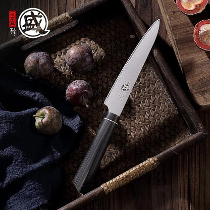 MITSUMOTO SAKARI 5.5 Inch Japanese Paring Knife, Hand Forged VG-10 Steel, Precision Fruit & Vegetable Cutter with G10 Handle (Sandalwood Box Included)