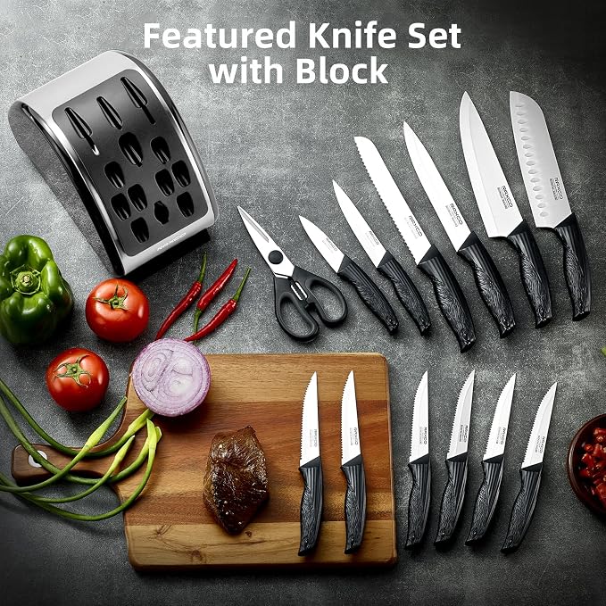RAXCO 15-Piece Knife Sets with Block for Kitchen,Dishwasher Safe,Black | 6 Chef's Knives,6 Steak Knives,Kitchen Scissor,Stylish Block with Built-in Sharpener,Ergonomic Grips,Space-saving.