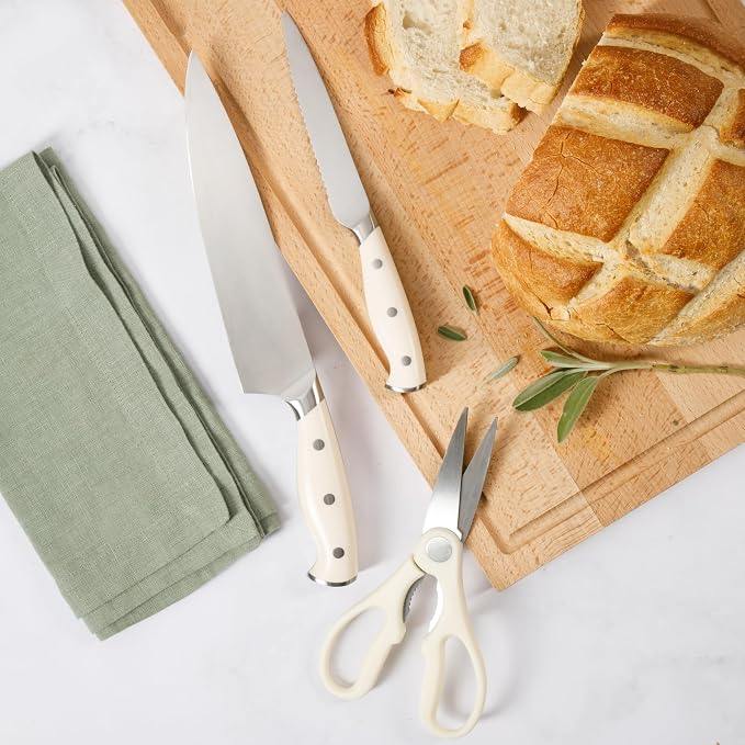 Martha Stewart Greeley Forged High Carbon Stainless Steel 14 Piece Knife Block Set, Linen White Kitchen Knife Set with Acacia Wood Block, Chef Knife, Bread Knife, Steak Knives