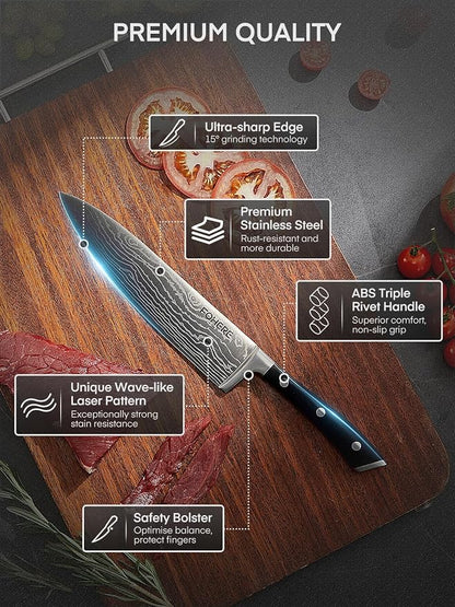 Kitchen Knife Set, FOHERE Knives Set with Magnetic Knife Holder and Sharpener, 7 Pieces Sharp Chef Knife Set with Ergonomic Handle, High Carbon Stainless Steel Knives Set for kitchen