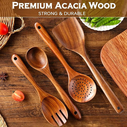 Wooden Spoons for Cooking 7Pcs Natural Acacia Wooden Utensils Set, Wooden Spoon, Spatula, Salad Fork for Cooking,Serving, Stirring, Heat-Resistant, Non-stick Wood Kitchen Utensil Sets