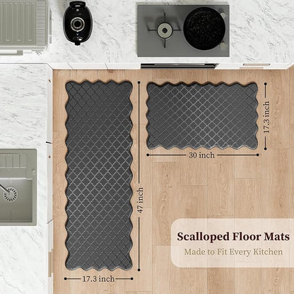 Arenarug Upgrade Scalloped Embossed Kitchen Mats for Floor 2PCS Cushioned Anti Fatigue Waterproof Foam Kitchen Rugs Non Slip Washable Comfort Standing Mat for Office Sink Laundry, Black