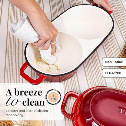 Dutch Oven For Sourdough Bread Baking – Enamelled Cast Iron Bread Loaf Pot – 500°F Oven Safe Non Stick Bread Pot – Double Round Loaf Space, 16.5cm Diameter, Red, – by Nuovva