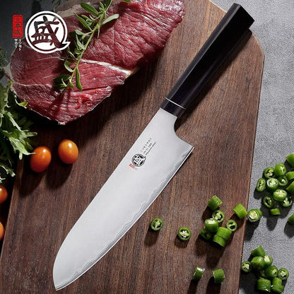 MITSUMOTO SAKARI Santoku Chef Knife 7 Inch, Japanese VG-10 Hand Forged Kitchen Knife for Meat & Vegetables, G10 Handle with Sandalwood Box