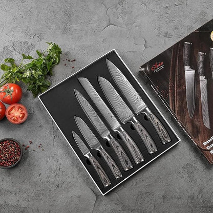 Wakoli EDIS 6-Piece Damascus Kitchen Knife Set – Professional Chef Knives Set with VG10 Core Blades, 67-Layer Damascus Steel & Ergonomic Pakkawood Handles – Premium Kitchen Knives in Elegant Gift Box