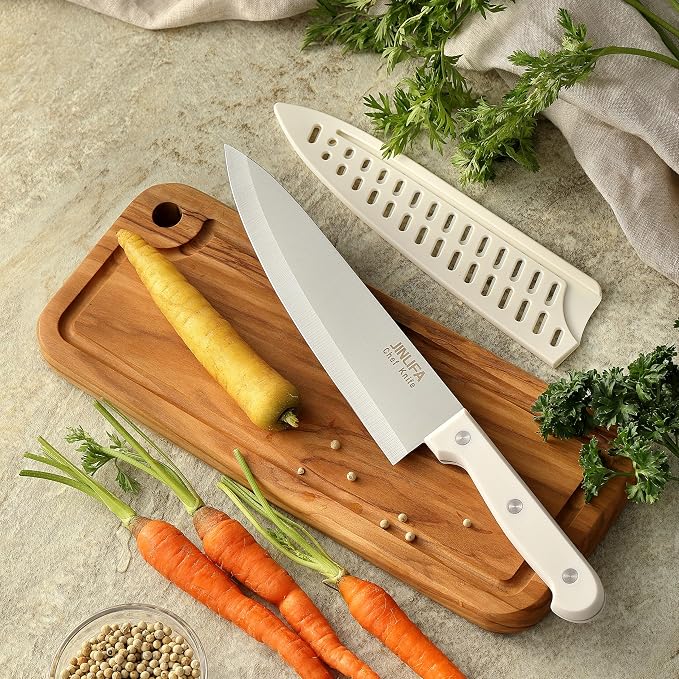 8 inch Chef Knife, Stainless Steel Kitchen Knife with Protective Knife Sheath, Ultra Sharp Slicing Knife with Ergonomic Handle, German Stainless Steel, Dishwasher Safe (White Color)