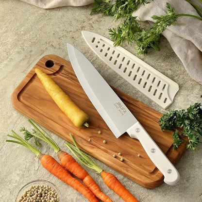 8 inch Chef Knife, Stainless Steel Kitchen Knife with Protective Knife Sheath, Ultra Sharp Slicing Knife with Ergonomic Handle, German Stainless Steel, Dishwasher Safe (White Color)