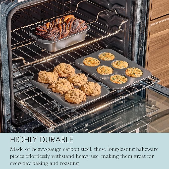Chicago Metallic 7-Piece Nonstick Bakeware Nesting Set - Carbon Steel Baking Sheet, Loaf Pan, Muffin Pan, Cake Pan, Roaster and Cooling Rack