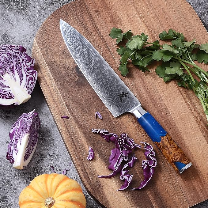 SAMCOOK Damascus Chef Knife - 8 Inch Professional Sharp Gyuto Knife - Japanese VG-10 High Carbon Stainless Steel Kitchen Cooking knife - Ergonomic Blue Resin Wood Handle with Gift Box