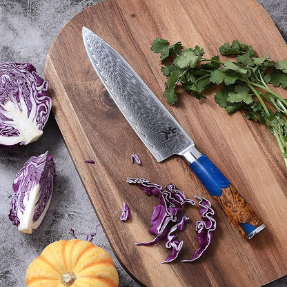 SAMCOOK Damascus Chef Knife - 8 Inch Professional Sharp Gyuto Knife - Japanese VG-10 High Carbon Stainless Steel Kitchen Cooking knife - Ergonomic Blue Resin Wood Handle with Gift Box