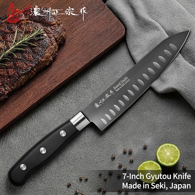 7 Inch Japanese Chef Knife, Made in Japan, High Carbon Molybdenum Stainless Steel Gyuto Knife with Granton Edge Titanium Coated Blade, Kitchen Knife for Slicing Meat