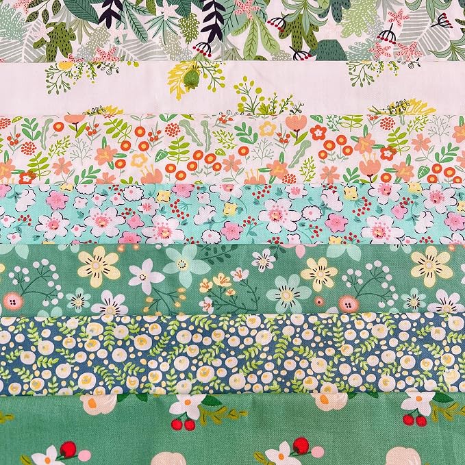 7 pcs 20" x 20" Cotton Fabric DIY Making Supplies Quilting Patchwork Fabric Fat Quarter Bundles DIY for Quilting Cotton Patchwork Cushions (Flower Green, 20" x 20")