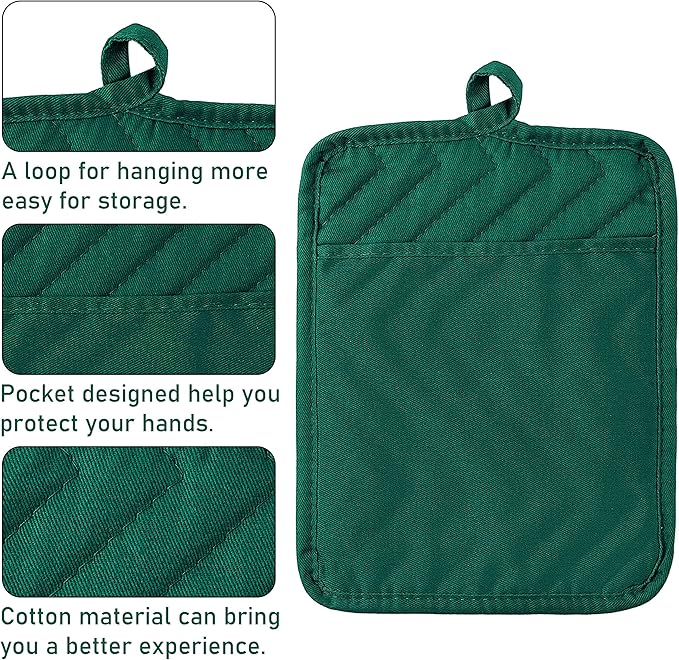 5Pack Pocket Pot Holders Cotton Heat Resistant Potholder Multipurpose Hot Pads Machine Washable Oven Mitts Heat Pads for Daily Kitchen Baking and Cooking 8.9 x 6.9 in Dark Green