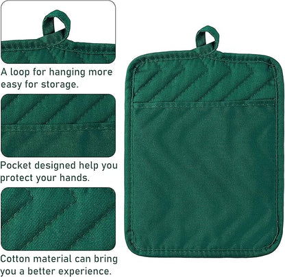 5Pack Pocket Pot Holders Cotton Heat Resistant Potholder Multipurpose Hot Pads Machine Washable Oven Mitts Heat Pads for Daily Kitchen Baking and Cooking 8.9 x 6.9 in Dark Green