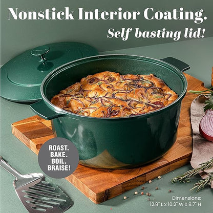 Granitestone Dutch Oven, 6.5 Quart Ultra Nonstick Enameled Lightweight Aluminum Dutch Oven Pot with Lid, Round 6.5 Qt. Stock Pot, Dishwasher & Oven Safe Induction Capable 100% PFOA Free, Emerald Green