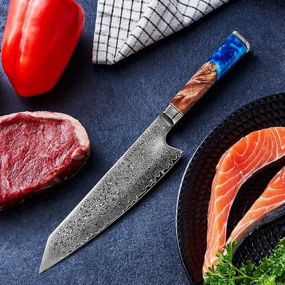 Miyamoto 8-Inch Japanese Damascus Chef Knife, 67-Layer Steel, Ultra-Sharp High Carbon Blade with Resin Handle for Precision Chopping and Carving
