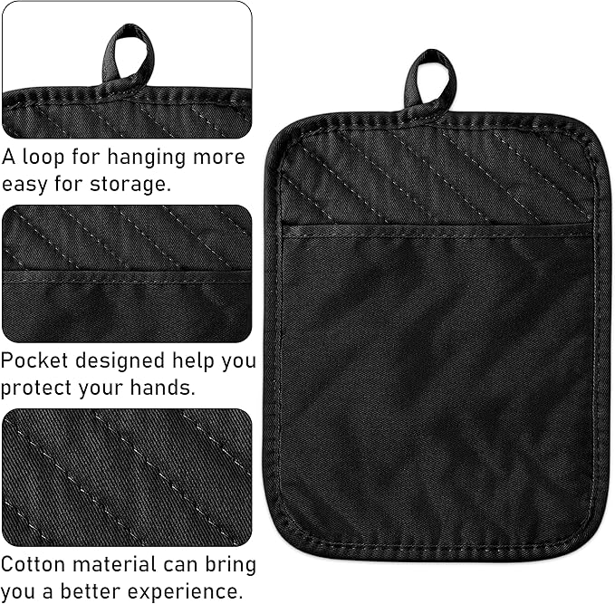 5Pack Pot Holders for Kitchen Heat Resistant Cotton Potholder Multipurpose Hot Pad Machine Washable Oven Mitts with Pocket Potholders for Baking and Cooking 8.9 x 6.9 in Gray Black