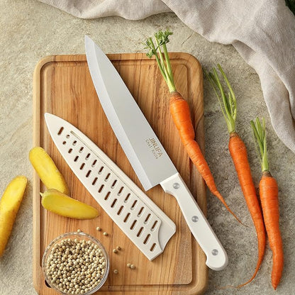 8 inch Chef Knife, Stainless Steel Kitchen Knife with Protective Knife Sheath, Ultra Sharp Slicing Knife with Ergonomic Handle, German Stainless Steel, Dishwasher Safe (White Color)