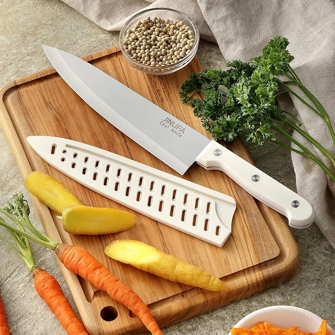 8 inch Chef Knife, Stainless Steel Kitchen Knife with Protective Knife Sheath, Ultra Sharp Slicing Knife with Ergonomic Handle, German Stainless Steel, Dishwasher Safe (White Color)