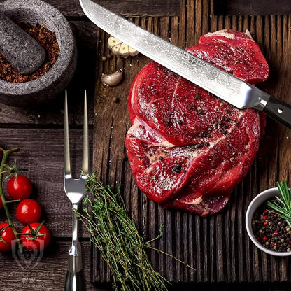Dalstrong Slicing Brisket Knife Set Meat Fork - Carving Set - AUS-10V Japanese Steel - Premium G10 Handle - Sheath - Shogun Series Butcher Knife - Carving Knife - Slicer Boning Knife for Meat Cutting