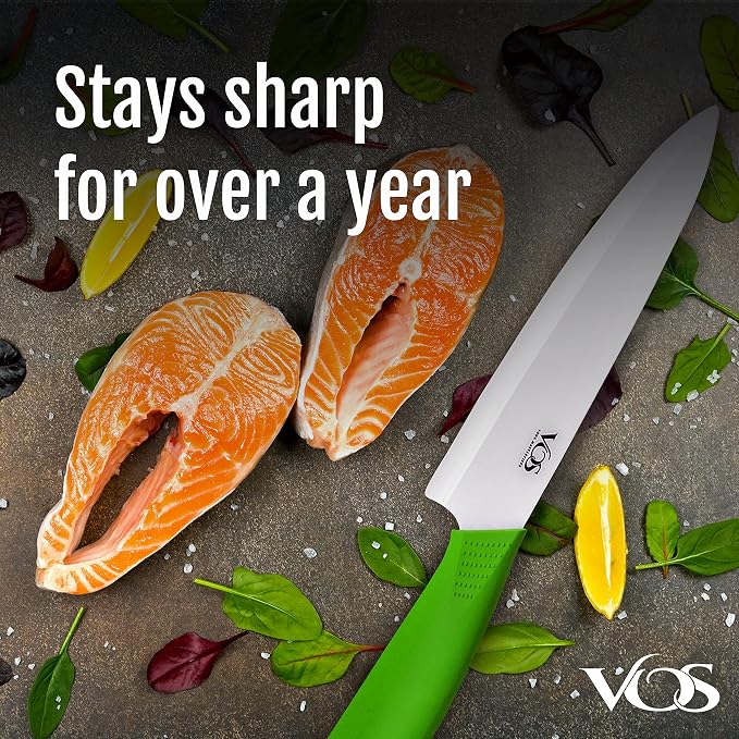 Vos Ceramic Chef Knife 8 Inch with Protective Cover – Zirconia Ceramic Blade for Food Preparation – Lightweight Kitchen Knife (Green)