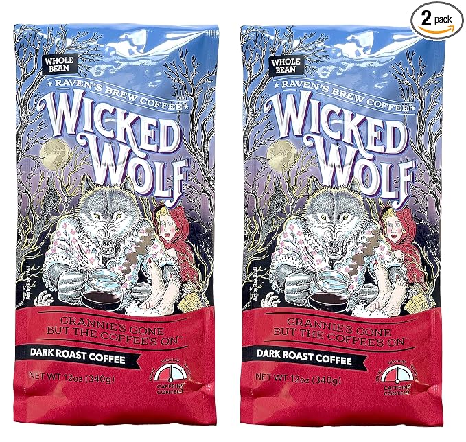 Raven's Brew Wicked Wolf Whole Bean Coffee, 12 ounce - Dark Roast - Full Body of Currant and Spice (2 Pack)