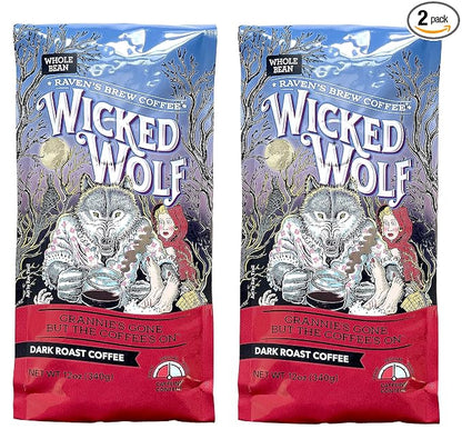 Raven's Brew Wicked Wolf Whole Bean Coffee, 12 ounce - Dark Roast - Full Body of Currant and Spice (2 Pack)