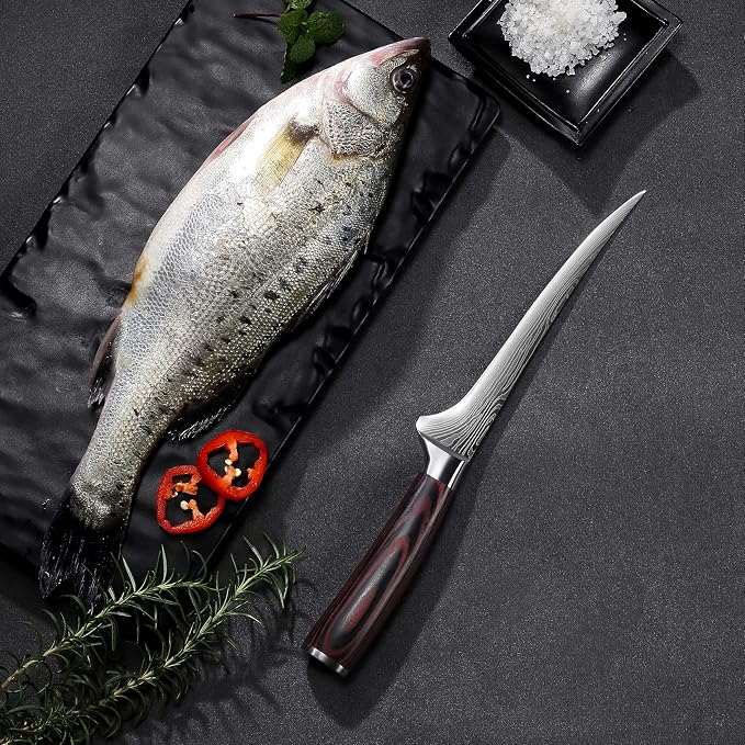 PAUDIN Fillet Knife 7 Inch, Super Sharp Boning Knife, High Carbon German Steel, Professional Fish Knives for Meat Cutting, Ergonomic Pakkawood Handle and Sheath, Gift Box