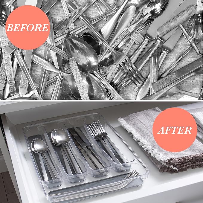 Kitchen Details 23195 Utensil and Cutlery Drawer Organizer, Divider, Tray, Storage, 5 Compartment, Clear (Pack of 2)