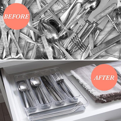 Kitchen Details 23195 Utensil and Cutlery Drawer Organizer, Divider, Tray, Storage, 5 Compartment, Clear (Pack of 2)