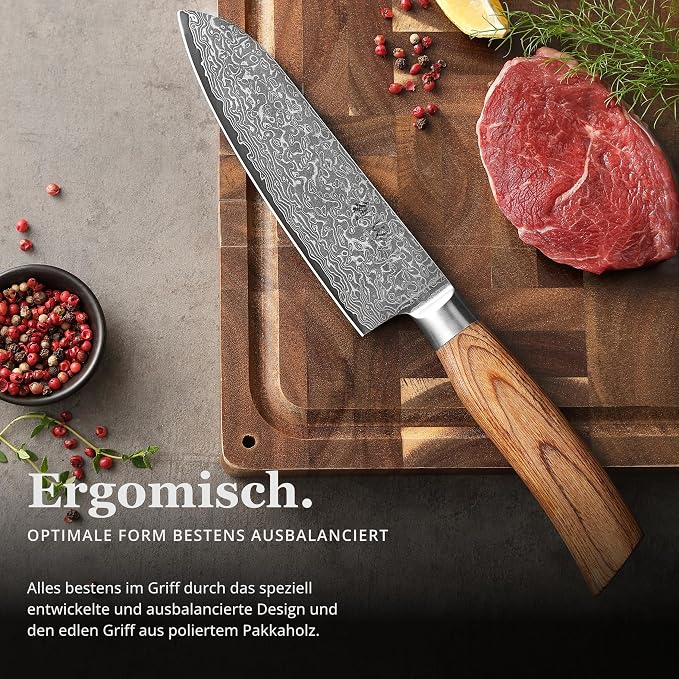 Wakoli EDIB Pro Damascus Santoku Knife – Japanese Style Kitchen Knife | 6.3-Inch Genuine Damascus Steel Blade with VG10 Core | Ergonomic Pakkawood Handle | High Cutting Performance