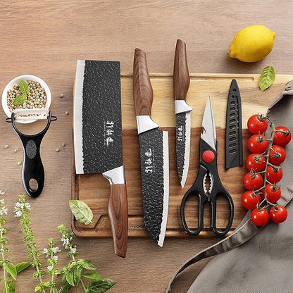 5 PCS kitchen Chef Knife Set, include 7 inch cleaver, 7 inch Santoku, 4.5 inch utility knife, Kitchen Scissors and Peeler
