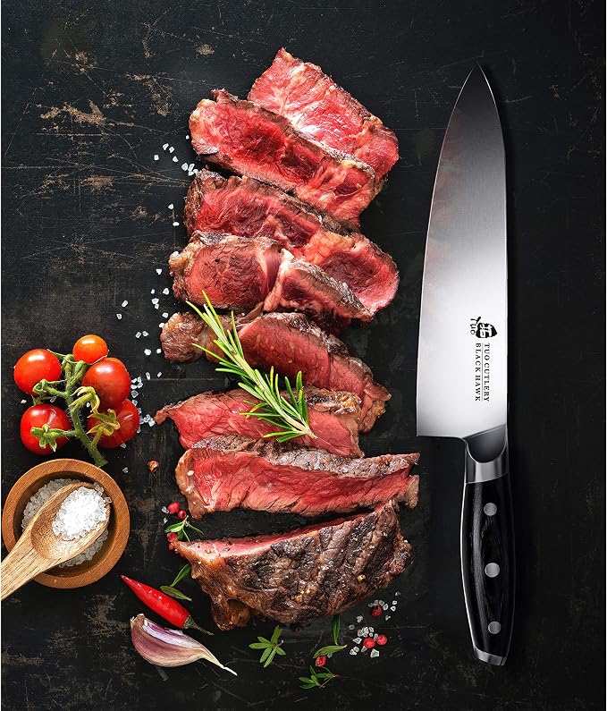 TUO Chef Knife -Professional Kitchen Chefs Knife Cooking Knife Gyuto Knives 8 Inch,Razor Sharp German HC Steel Japanese Chef Knife with Ergonomic Pakkawood Handle - BLACK HAWK SERIES in Gift Box