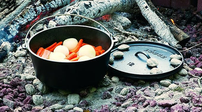 Lodge Seasoned Cast Iron Camp Dutch Oven with Lid - 8 Quart - Dual Handles - Seasoned Cast Iron Cookware with Steel Handle & Strong Lid for Heavy- Duty Camping Cookware