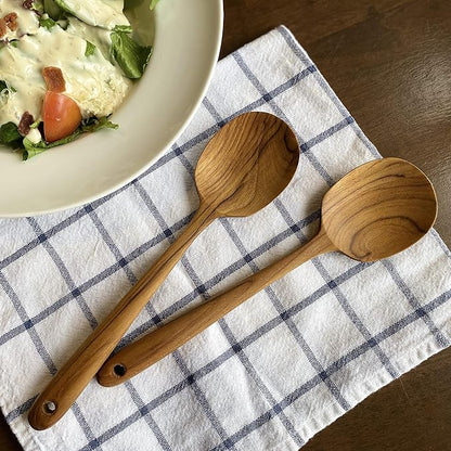 FAAY Thai Teak Salad & Cooking Spoons (2 Pack), 9.5 inch – Handcrafted in Thailand, Natural Coconut Oil Finish, Smooth Non-Scratch Utensils for Mixing & Serving