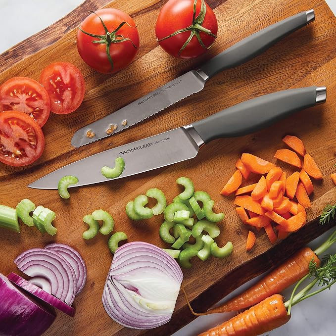 Rachael Ray Cutlery Japanese Stainless Steel Knives Set with Sheaths, 6-Inch Utility Knife and 5-Inch Serrated Utility Knife, Gray