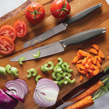 Rachael Ray Cutlery Japanese Stainless Steel Knives Set with Sheaths, 6-Inch Utility Knife and 5-Inch Serrated Utility Knife, Gray