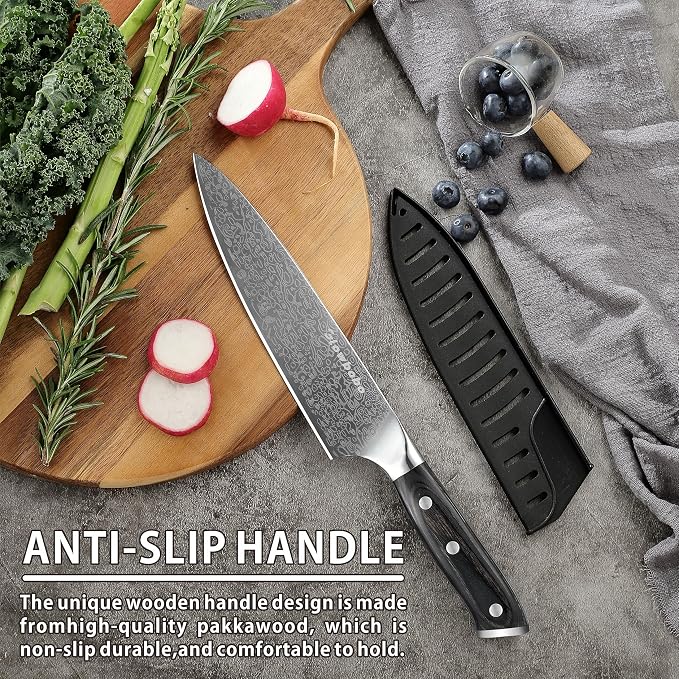 8 Inch Chef's Knife, High Carbon Stainless Steel Kitchen Knife with Sharpener & Finger Guard, Professional Sharp Cooking Knife for Home & Meat Cutting, with Ergonomic wood Handle and Gift Box