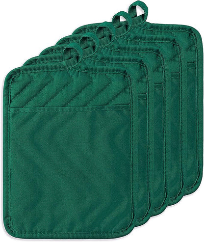 5Pack Pocket Pot Holders Cotton Heat Resistant Potholder Multipurpose Hot Pads Machine Washable Oven Mitts Heat Pads for Daily Kitchen Baking and Cooking 8.9 x 6.9 in Dark Green