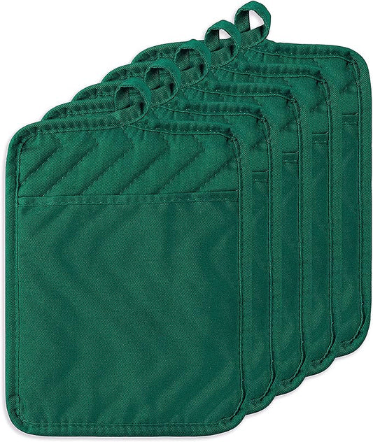 5Pack Pocket Pot Holders Cotton Heat Resistant Potholder Multipurpose Hot Pads Machine Washable Oven Mitts Heat Pads for Daily Kitchen Baking and Cooking 8.9 x 6.9 in Dark Green