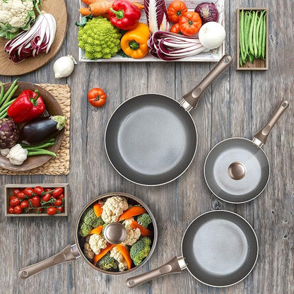Moss & Stone 6 Pcs Dark Grey Nonstick Cookware Set, Pots And Pans Set Non stick With Glass Lid, Induction Cookware, Stay-Cool Handle PTFE/PFOA Kitchen Pots 6-Piece with Frying Pans & Saucepan